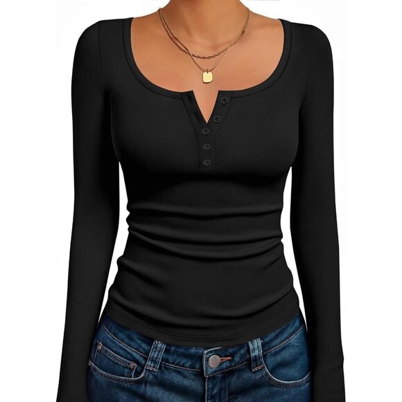 Tops - Women's Long Sleeve Thermal Henley Shirt Cozy Casual Tops Slim Fit
